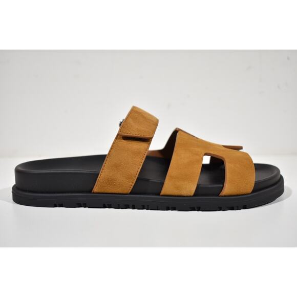 Hermes Chypre Sandal Black Naturel Gold Suede H Logo Strap Slide Slip On Flat 38 - Picture 2 of 10